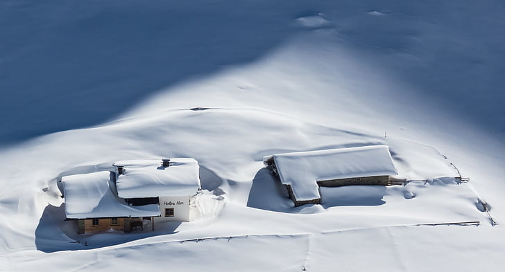 Alpine hut, Kış, kar, Stubai alps, fotsch, Şube, karlı