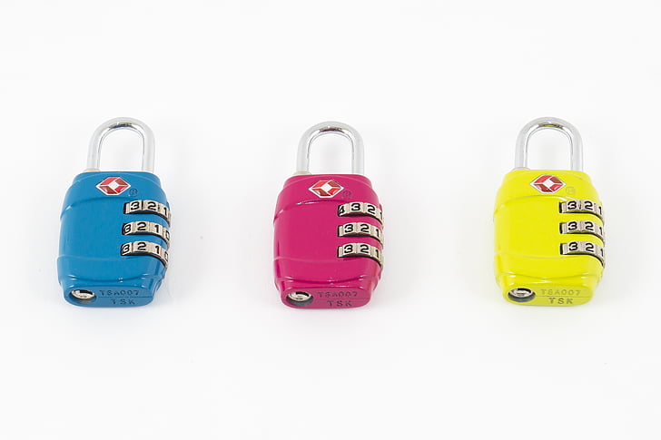 padlock, blue, pink, yellow, lock, combination lock, colors