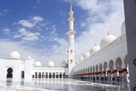 abu dhabi, sheikh zayed mosque, islamic architecture, patio, minaret