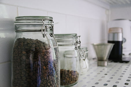 dua, jelas, kaca, Jar, yang mengandung, kopi, kacang