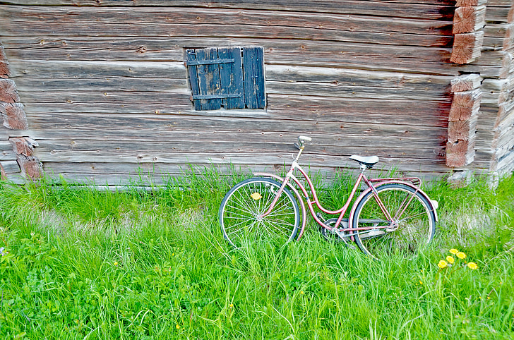 cykel, ladugården, sommar, land, solljus, gräs, landsbygd