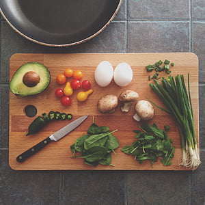avocado, celery, chopping board, cooking, eggs, food, frying pan