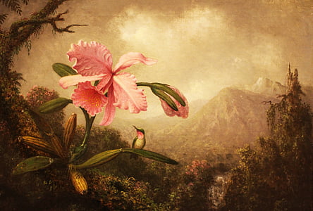 kolibrier, Lily, blomma, naturen, ramen, målning, olja på duk