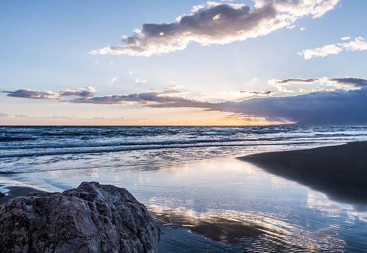 matahari terbenam, Cabopino, Mijas costa, Malaga, Andalusia, Pantai, batu