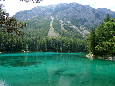 Zelené jezero, Štýrsko Rakousko, Meltwater, tyrkys modrá, smaragdově zelené, Příroda, Hora