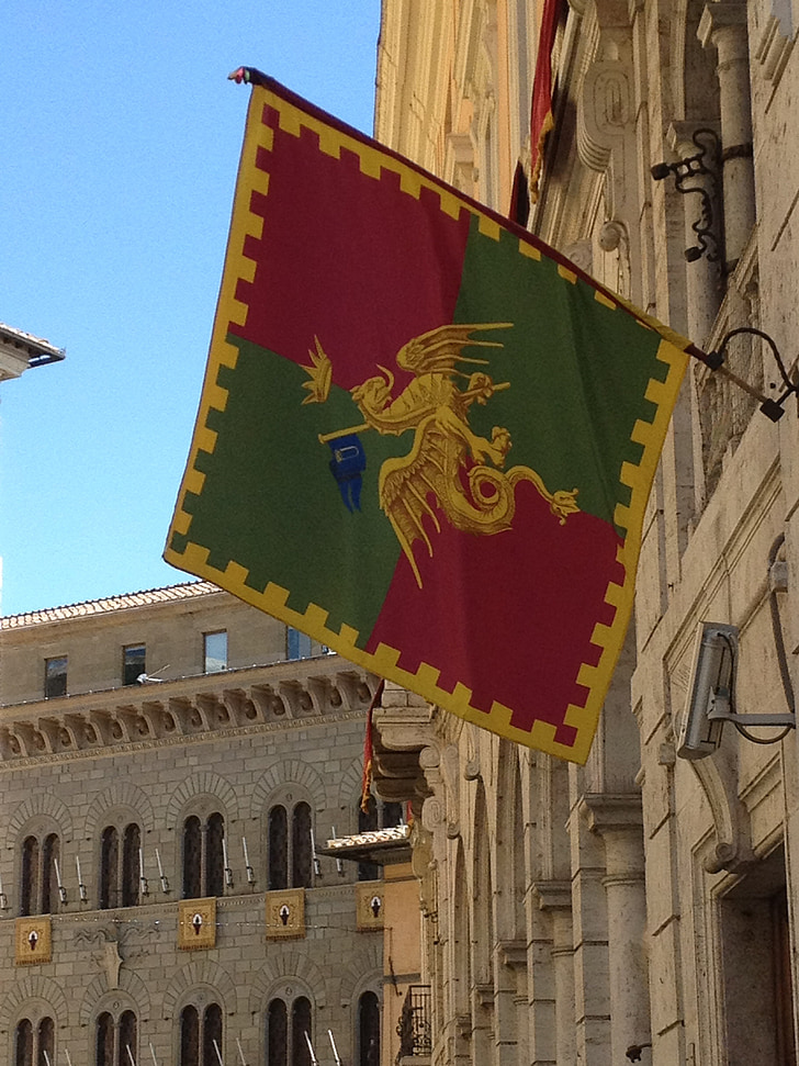 Siena, Włochy, Flaga, Włoski, budynek, wisi flaga, na zewnątrz