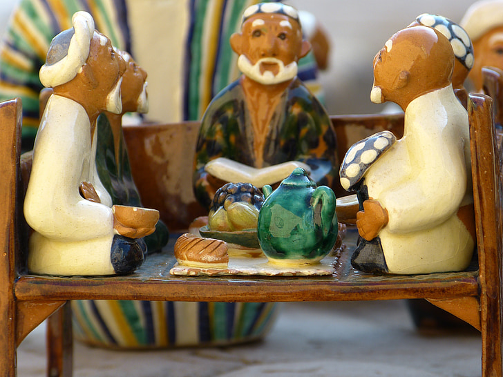clay figure, men, group, tea house, sit, meeting, talk