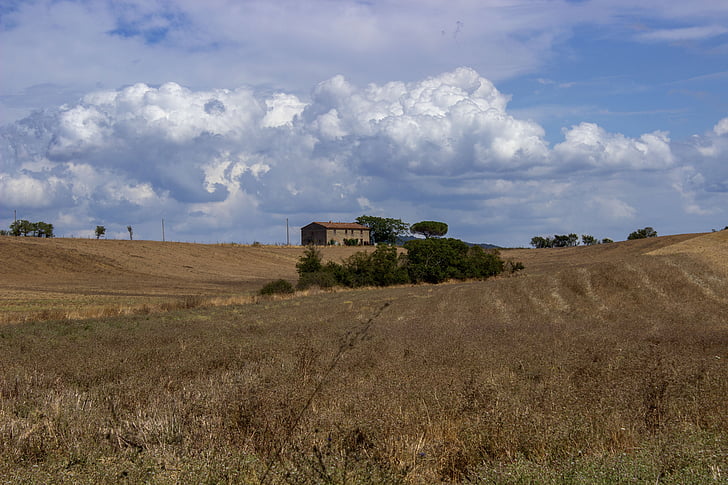 Toscana, Itaalia, maastik, põllumajandus, taevas, pilved, väljad