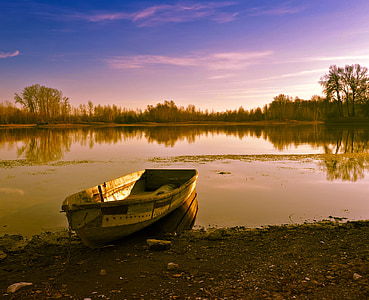 båd, floden, aften, sommer, retro, vintage, natur