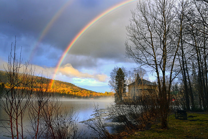 rainbow, landscape, lake, ice, trees, mountain, nature