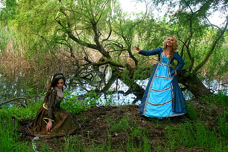jente, prinsesse, kjole, skog, krans, blå, grønn