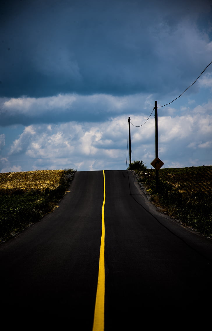 road, line, yellow, cloudy, country, street, telephone lines