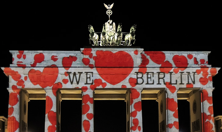 festival of lights, brandenburg gate, berlin, building, light, shadow, night