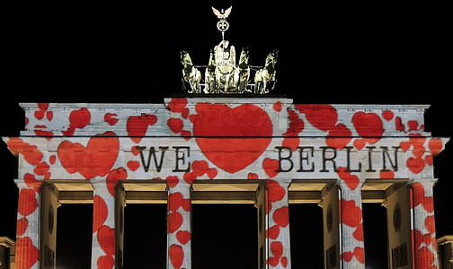 Festival světel, Braniborská brána, Berlín, budova, světlo, stín, noční