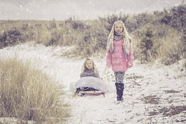 sisters, snow, girl, child, cold, childhood, siblings