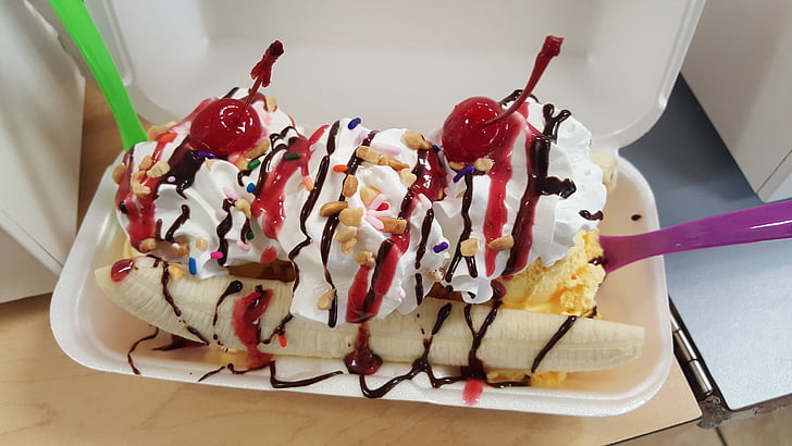 banana split, sweet, drizzle, food, cold, delicious, topping