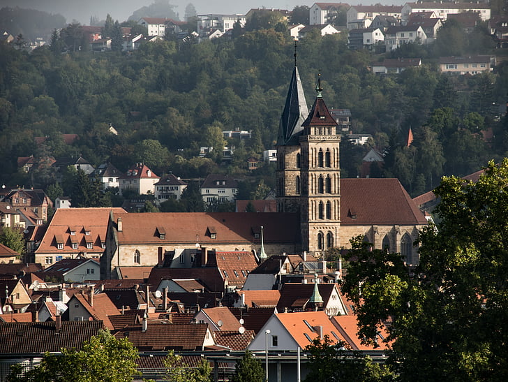 Iglesia de la ciudad, Esslingen, niebla, Haze, vista lejana, Iglesia, arquitectura