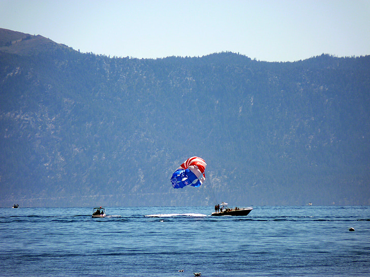 Lake tahoe, Truckee, plage, plage de sable fin, parachute ascensionnel, bateau de vitesse, parapente