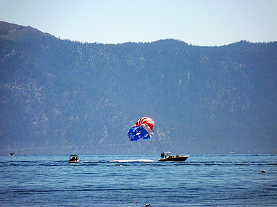 Lake tahoe, Truckee, pludmale, smilšaina pludmale, paraseilings, ātruma laivu, Planieru