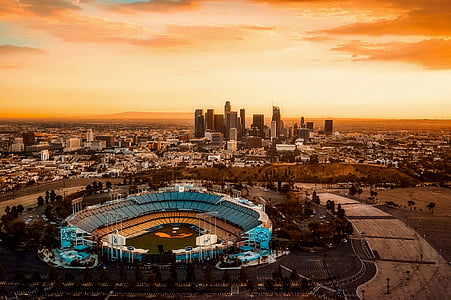 Los Angeles-i, California, Dodger stadium, város, városi, naplemente, alkonyat