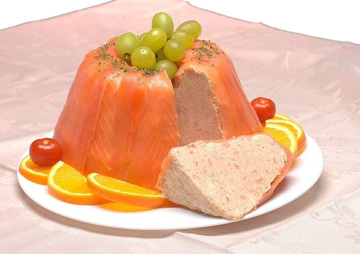 salmon, pâté, smoked, food, gourmet, slice, plate