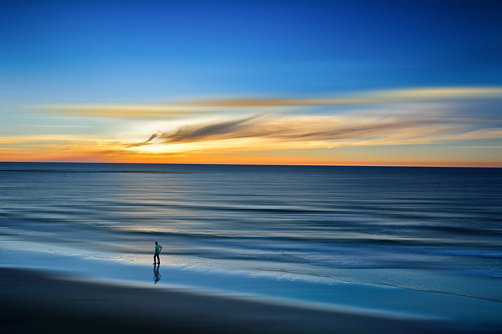 photo, calm, sea, man, walking, seashore, sunset