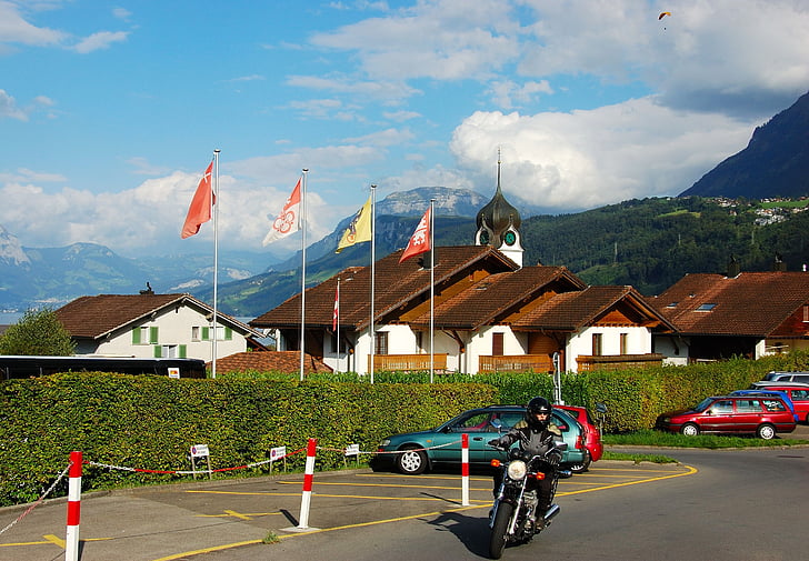 Lake lucerne régió, Svájc, motorkerékpár, város, templom