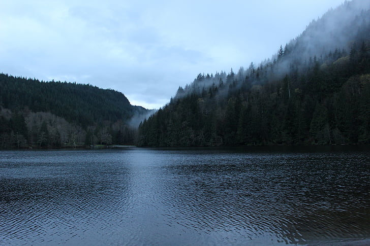 Lac, eau, montagnes, nature, paysage, nuages, brouillard
