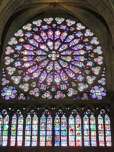 Paris, Notre-dame, RONs de Roseta, azul, vidro manchado, Catedral, arte sacra