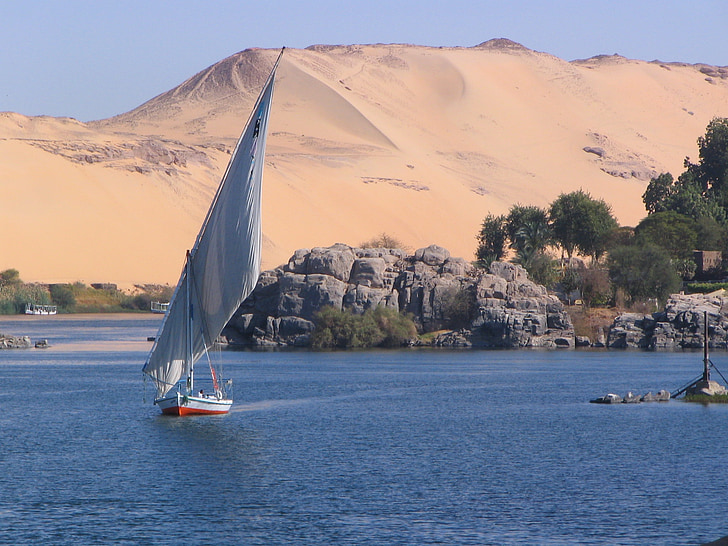 nile, aswan, elephantine, desert, egypt, ship, sand