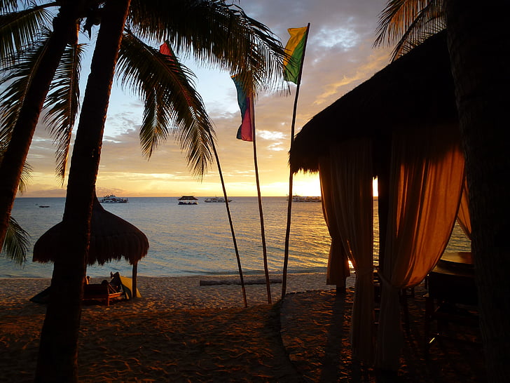 Arboleda del coco, puesta de sol, complejo, Filipinas, arena, exóticos, Paraíso