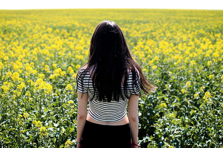 female, field, person, plants, woman, yellow, nature