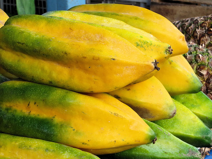 Ecuador, Cuenca, marknaden, exotiska frukter, Papaya, färgglada