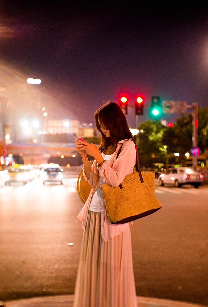 Retrat, vista nocturna, femella, dona, Àsia, ciutat, carrer