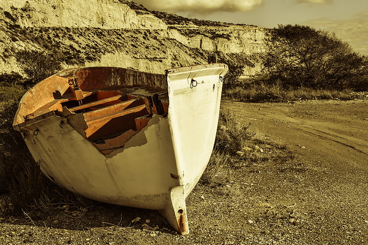 vaixell, resistit, envellit, abandonat, trencat, platja, paisatge