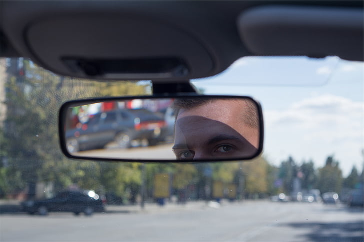 negre, cotxe, posterior, veure, mirall, mirall retrovisor, parabrisa