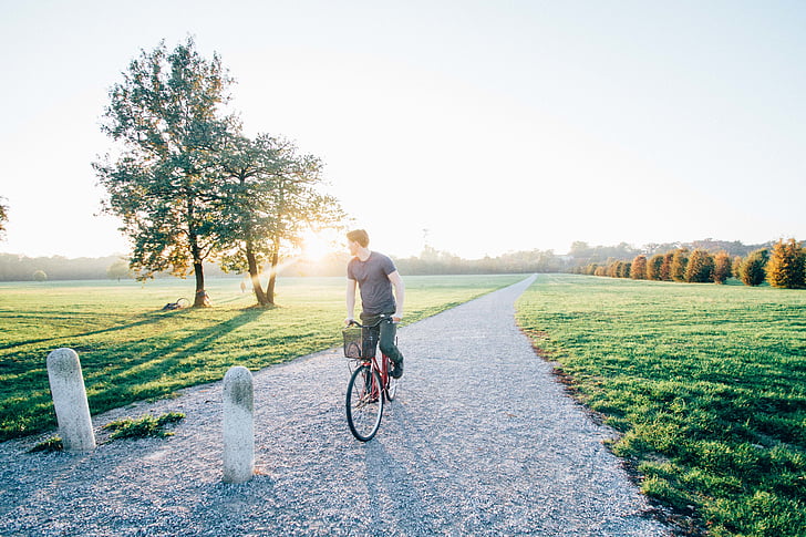 aventura, bicicleta, ciclista, llum natural, verd, Itàlia, paisatge