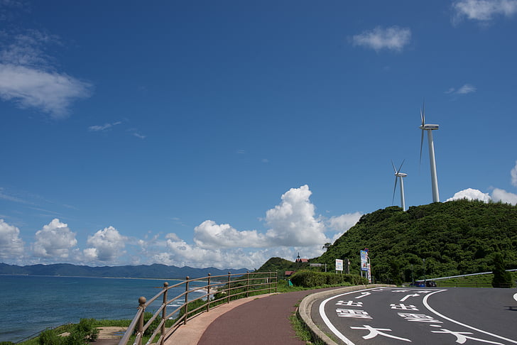 road, blue sky, wind turbine, journey, landscape, route, sunny