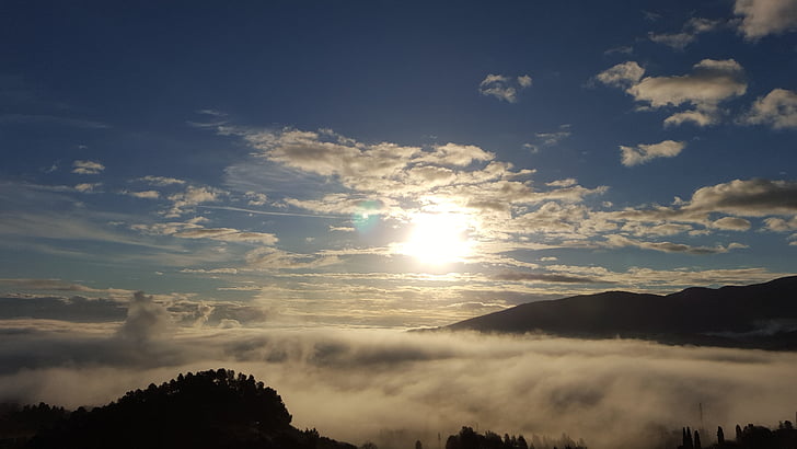 サンセット, 太陽, 霧, 雲