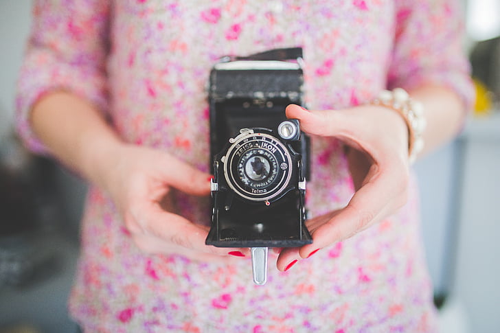 fotocamera, vecchio, vintage, fotografia, donna, ragazza, mani