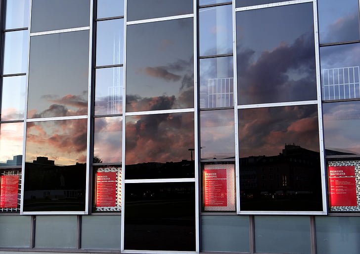 mirroring, sky, clouds, window, facade, architecture, reflection