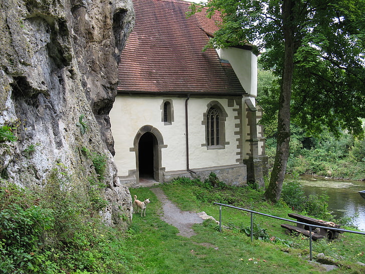 chapel, church, small church, building, rock, river, jagst