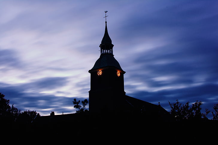 church, sky, clouds, long exposure, blue, steeple, towers