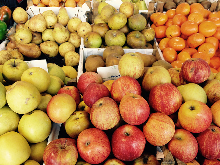 Poma, mercat, vitamines, fruita, varietat, colors, vermell