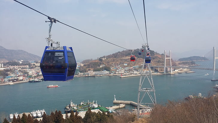 Yeosu, de kabelbaan, reizen, vervoer, nautische vaartuig, goederenvervoer, haven