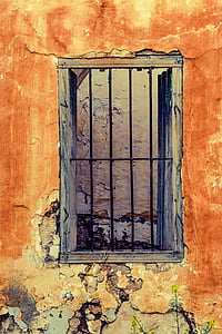 finestra, paret, antiga casa, abandonat, ruïna, danyat, cruixit