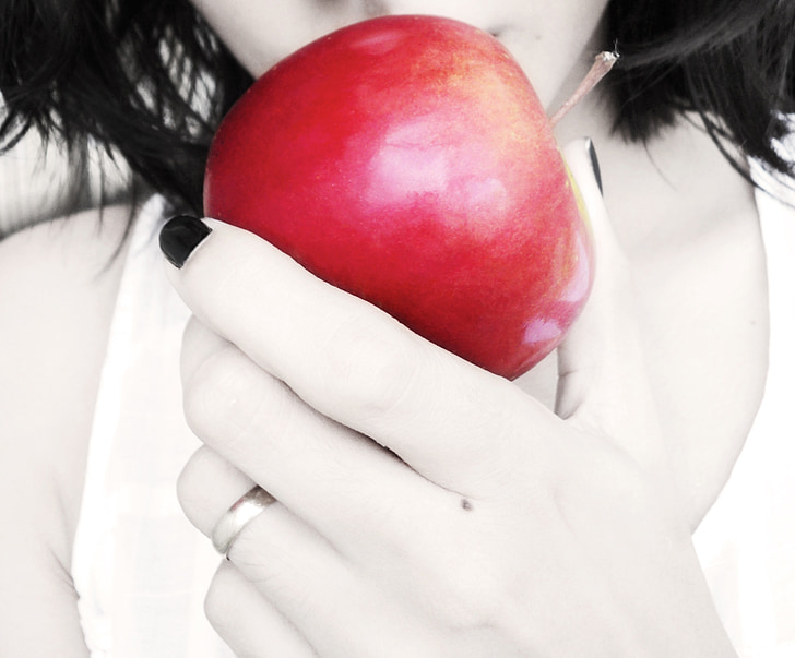 snow white, apple, red, food, gray, hand, colorkey