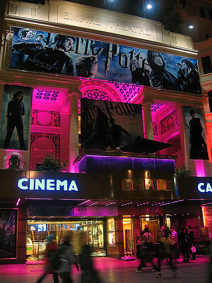 edifici, cinema, Leicester, plaça, nit, Londres, anglès