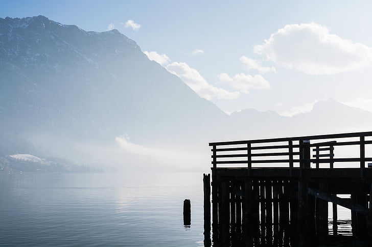 silhouette, dock, blue, sky, daytime, clouds, mountains