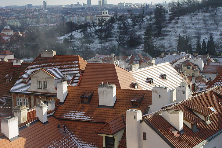 katuse, korstnad, talvel, lumi